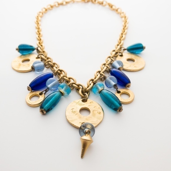 Chunky Gold Tone Charm Pendant Chain Necklace Blue Green Glass Deja Designs - Picture 6 of 13